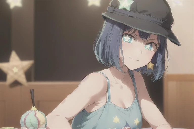((gelato on table:1.3)), focus gelato,<lora:AkaneV2:0.7>, 1girl, short hair, solo, blue hair, blue eyes, opened mouth, closed mouth, blurry background, upper body, black hair, smile, T-shirt, hat, ((angry)),green eyes, ((star-shaped pupils:1.3))