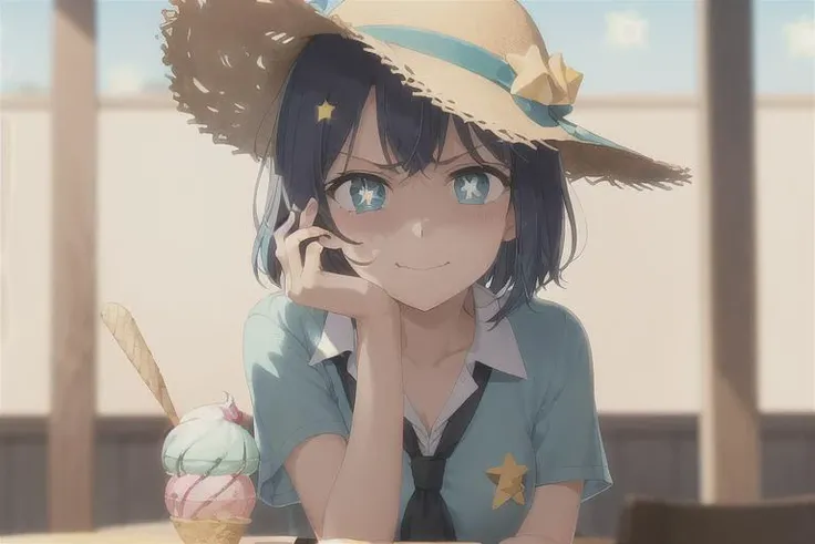 ((gelato on table:1.3)), focus gelato,<lora:AkaneV2:0.5>, 1girl, short hair, solo, blue hair, blue eyes, closed mouth, blurry background, upper body, black hair, school uniform, smile, T-shirt, Straw hat, ((angry)),green eyes, ((star-shaped pupils:1.3))