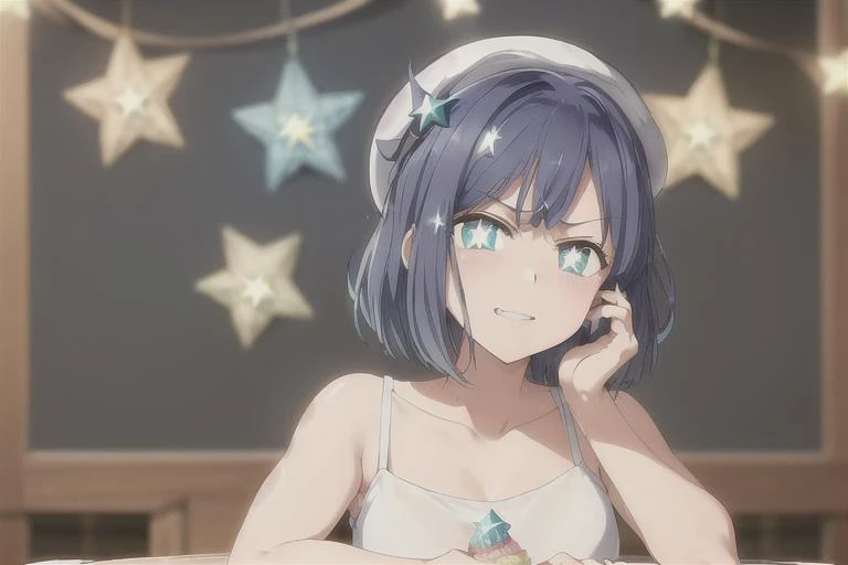 ((gelato on table:1.3)), focus gelato,<lora:AkaneV2:0.7>, 1girl, short hair, solo, blue hair, blue eyes, opened mouth, closed mouth, blurry background, upper body, black hair, smile, T-shirt, hat, ((angry)),green eyes, ((star-shaped pupils:1.3))