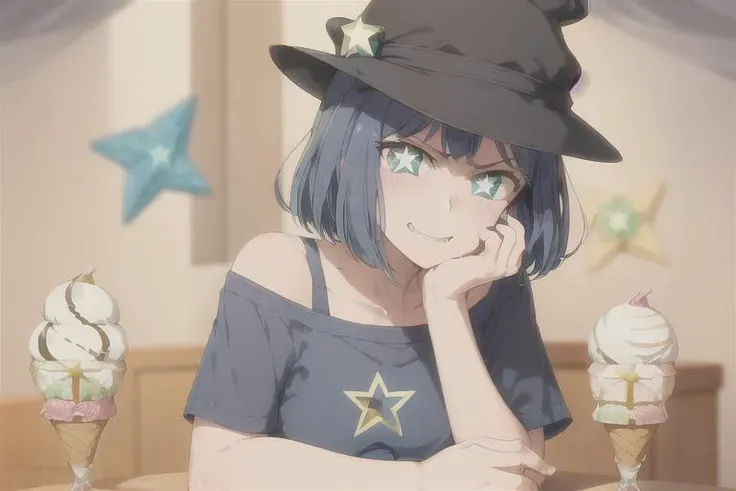 ((gelato on table:1.3)), focus gelato,<lora:AkaneV2:0.7>, 1girl, short hair, solo, blue hair, blue eyes, opened mouth, closed mouth, blurry background, upper body, black hair, smile, T-shirt, hat, ((angry)),green eyes, ((star-shaped pupils:1.3))