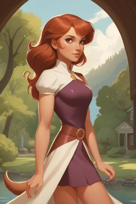 concept art squirrel girl (doreen green), full body portrait at lakeside mansion <lora:nicholasKole-xl:0.8> . artwork by nicholas kole, fluid motion, charming characters, wholesome storytelling, painterly, fantasy art, cover art, dreamy