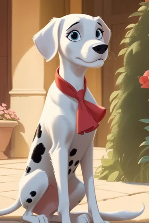 concept art perdita (101 dalmatians), full body portrait at san francisco, california <lora:nicholasKole-xl:1> . artwork by nicholas kole, fluid motion, charming characters, wholesome storytelling, hand-drawn animation
