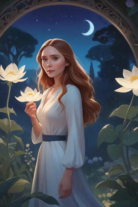 concept art elizabeth olsen, full body portrait at the lunar gardens, a hidden sanctuary where moonflowers bloom under the light of the full moon, possessing magical properties <lora:nicholasKole-xl:0.8> . artwork by nicholas kole, fluid motion, charming characters, wholesome storytelling, hand-drawn animation