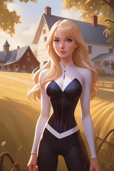 concept art spider-gwen (gwen stacy), full body portrait at quaint farmhouse <lora:nicholasKole-xl:0.8> . artwork by nicholas kole, fluid motion, charming characters, wholesome storytelling, painterly, fantasy art, cover art, dreamy