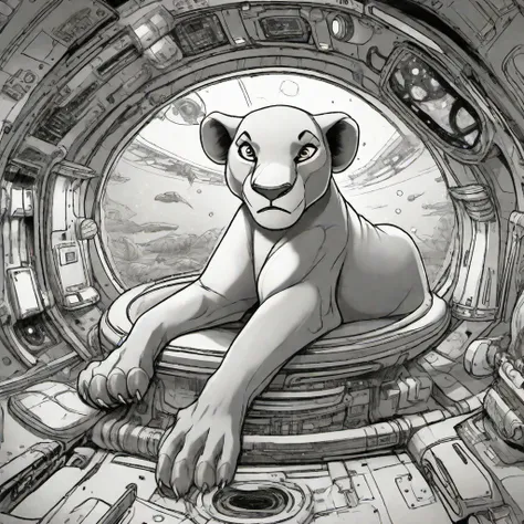 detailed drawing of  <lora:nala-SDLX-flexible:1.0> nala sitting in the cocpit of a spaceship