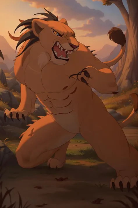 (masterpiece, best quality), intricate details,
<lora:nala:0.8> ,lion brown fur, animal, fangs, bloody fur, scales, spiked tail, claws, vicious,