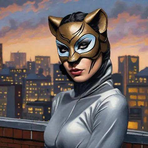 photorealistic oil painting photo of  catwoman wearing a  <lora:nala-SDLX-flexible:1.0> nala mask on a rooftop