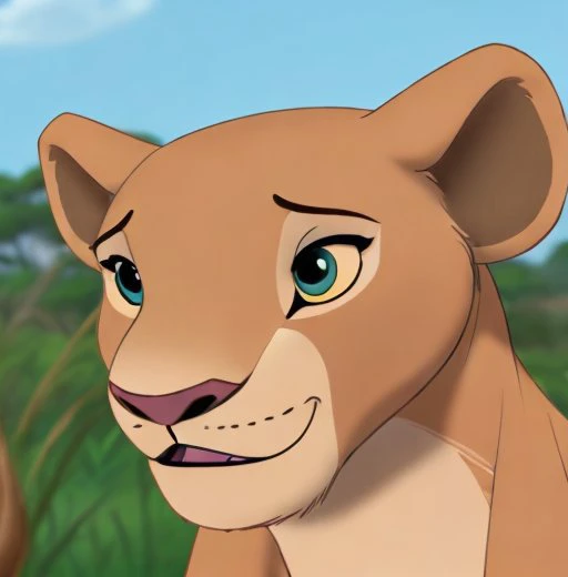 disney cartoon still frame. <lora:nala:0.6> nala, (do_me_eyes:1), happy , from the front, face closeup, in a the savannah, animated, drawing