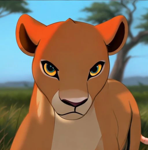 disney cartoon still frame. <lora:nala:0.6>  nala, (do_me_eyes:1)  ,stare, from the front, face closeup, in a the savannah, animated, drawing