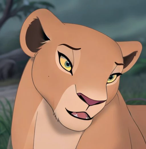 disney cartoon still frame. <lora:nala:0.6>  nala, sexy, sadistic, dominant , from the front, face closeup, in a the savannah, animated, drawing