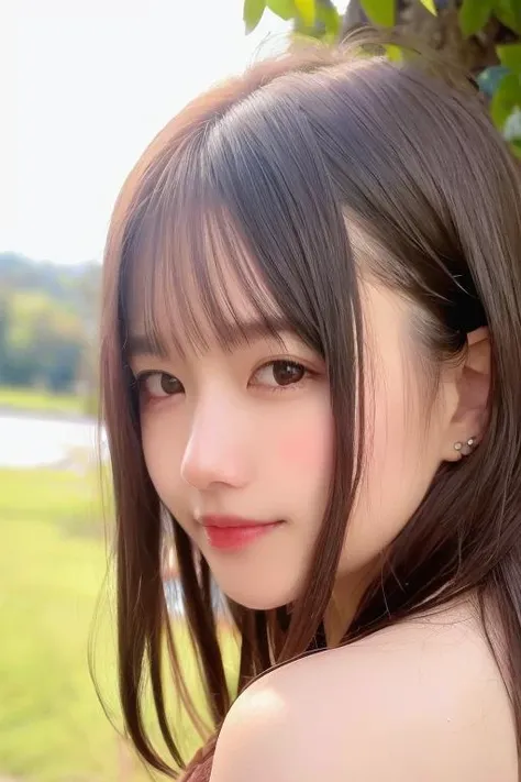 photo of igpuddingnice,best quality,(detailed face:1.4),(looking at viewer:1.4),shiny skin,smile,(sun lighting:1.2),low angle,<lora:puddingnice-000005:0.7>