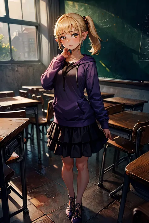<lora:add_detail:0.7>, (masterpiece, top quality, extremely detailed, best quality, intricate details, beautiful and aesthetic:1.3), (1girl:1.3), (solo:1.3), <lora:akai-mi+NAI1-000009:0.8> akai-mi+, <lora:oshino_shinobu_v1:0.9> aged up, side ponytail, pointy ears, purple hoodie, black skirt, straight-on, full body, indoors, classroom, chalkboard, table, standing, looking at viewer, head down, active pose