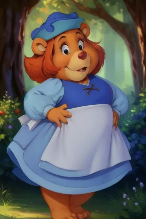 grammi_gummi, gummi_bears, bear, nude, slightly chubby, blue clothing, dress, hat, four fingers, suggestive pose, suggestive look, forest, day, <lora:Grammi_Gummi:0.8>, uploaded on e621, (detailed background, depth of field), (intricate:1.1), (high detail:1.2), (soft focus), (masterpiece, best quality, 4k, 2k, shaded, absurd res), hyper realism, by Hallogreen, by Red-izak, by Personalami, by by Einshelm