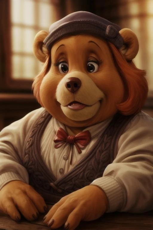 bear, short stack, hat, (hyper realism:1.5), photograph, realistic, <lora:add_detail:0.5>, uploaded on e621, (detailed background, depth of field), (intricate:1.1), (high detail:1.2), (soft focus), (masterpiece, best quality, 4k, 2k, shaded, absurd res), fluffy fur texture, cinematic dramatic lighting, grammi_gummi, gummi_bears, bear, <lora:Grammi_Gummi:0.8>