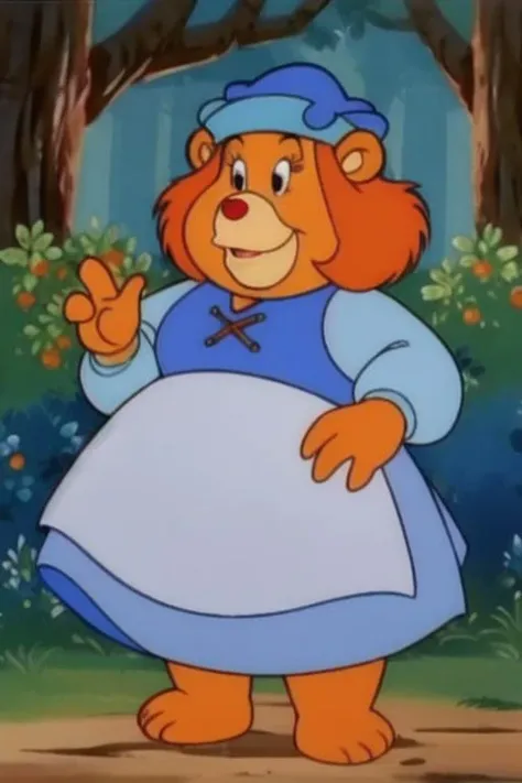 grammi_gummi, gummi_bears, bear, blue clothing, dress, hat, four fingers, three toes, forest, day, <lora:Grammi_Gummi:0.8>
