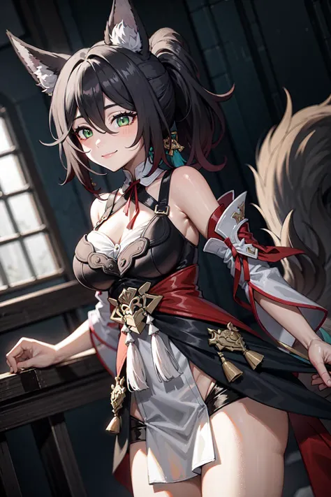 1girl, tingyun, honkai star rail, green eyes, bare shoulders, jewerly, ponytail, medium hair, brown hair, dress, large breasts, detached sleeves, standing, smile, tail <lora:TingyunHonkaiStarRail4:1>