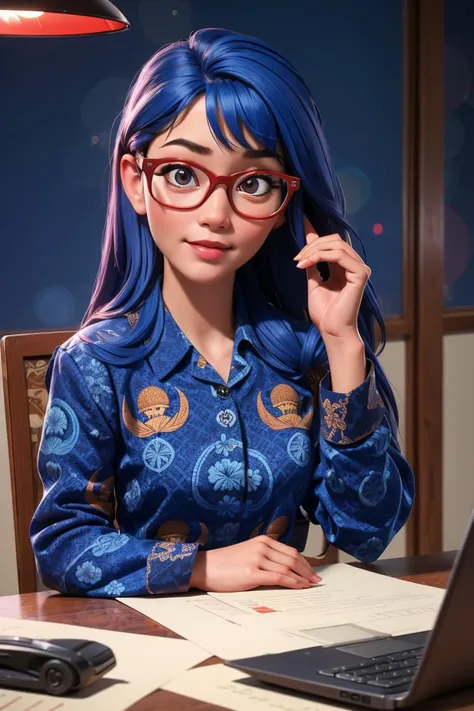 (((masterpiece))), (((best quality))),  1girl , long hair,  batik-kopri, blue shirt, form fitting, red glasses, sitting, typing, laptop, printer, looking at viewer, long sleeves,  amazing intricate finely detailed, office background, bokeh dynamic poses, dynamic angle, <lora:batik-kopri:0.8>