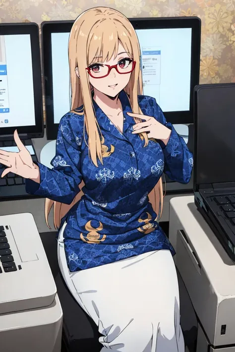 (((masterpiece))), (((best quality))),  1girl , long hair,  batik-kopri, blue shirt, form fitting, red glasses, sitting, typing, laptop, printer, looking at viewer, long sleeves,  amazing intricate finely detailed, office background, bokeh dynamic poses, dynamic angle, <lora:batik-kopri:0.8>