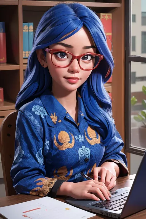 (((masterpiece))), (((best quality))),  1girl , long hair,  batik-kopri, blue shirt, form fitting, red glasses, sitting, typing, laptop, printer, looking at viewer, long sleeves,  amazing intricate finely detailed, office background, bokeh dynamic poses, dynamic angle, <lora:batik-kopri:0.8>