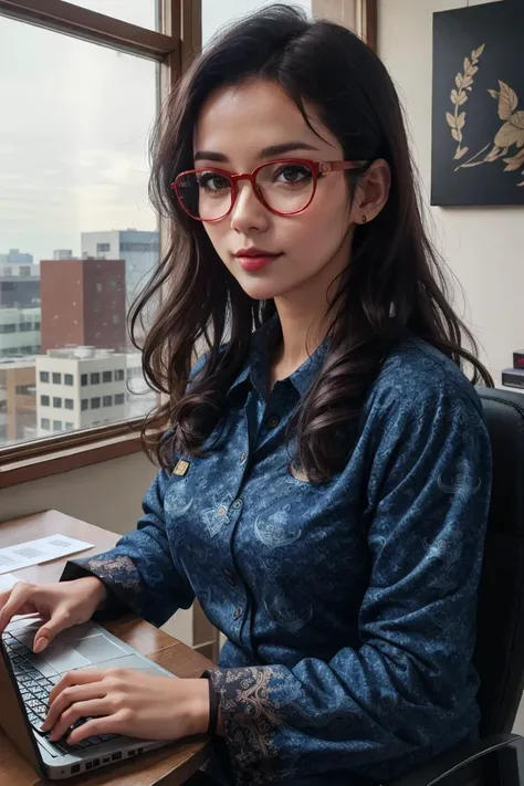 (((masterpiece))), (((best quality))),  1girl , long hair,  batik-kopri, blue shirt, form fitting, red glasses, sitting, typing, laptop, printer, looking at viewer, long sleeves,  amazing intricate finely detailed, office background, bokeh dynamic poses, dynamic angle, <lora:batik-kopri:0.8>