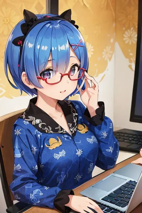 anime girl with blue hair and glasses sitting at a desk with a laptop