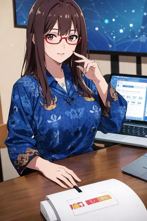 (((masterpiece))), (((best quality))),  1girl , long hair,  batik-kopri, blue shirt, form fitting, red glasses, sitting, typing, laptop, printer, looking at viewer, long sleeves,  amazing intricate finely detailed, office background, bokeh dynamic poses, dynamic angle, <lora:batik-kopri:0.8>