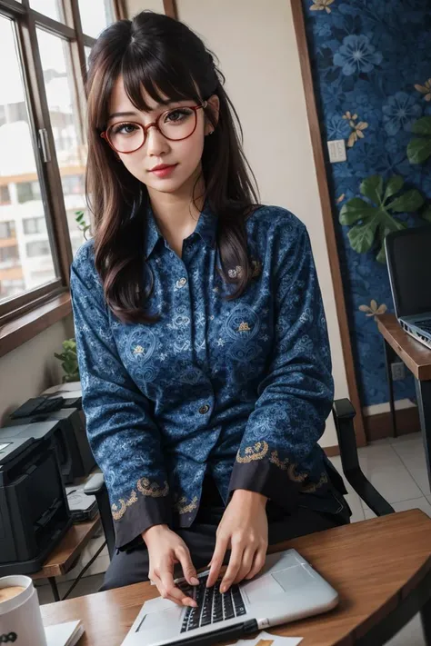 (((masterpiece))), (((best quality))),  1girl , long hair,  batik-kopri, blue shirt, form fitting, red glasses, sitting, typing, laptop, printer, looking at viewer, long sleeves,  amazing intricate finely detailed, office background, bokeh dynamic poses, dynamic angle, <lora:batik-kopri:0.8>