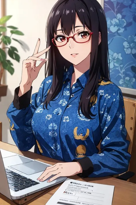 (((masterpiece))), (((best quality))),  1girl , long hair,  batik-kopri, blue shirt, form fitting, red glasses, sitting, typing, laptop, printer, looking at viewer, long sleeves,  amazing intricate finely detailed, office background, bokeh dynamic poses, dynamic angle, <lora:batik-kopri:0.8>