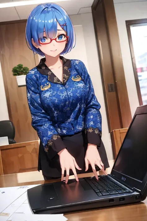 (((masterpiece))), (((best quality))),  1girl , rem\(rezero\),  batik-kopri, blue shirt, form fitting, red glasses, sitting, typing, laptop, printer, looking at viewer, long sleeves,  amazing intricate finely detailed, office background, bokeh dynamic poses, dynamic angle, <lora:batik-kopri:0.8>