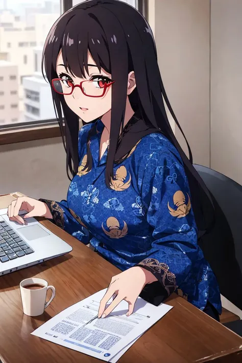 anime girl in blue kimono sitting at a desk with a laptop