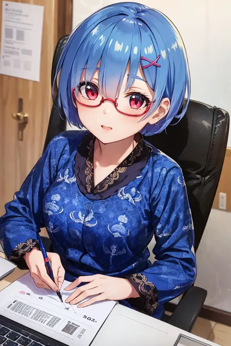 (((masterpiece))), (((best quality))),  1girl , rem\(rezero\),  batik-kopri, blue shirt, form fitting, red glasses, sitting, typing, laptop, printer, looking at viewer, long sleeves,  amazing intricate finely detailed, office background, bokeh dynamic poses, dynamic angle, <lora:batik-kopri:0.8>