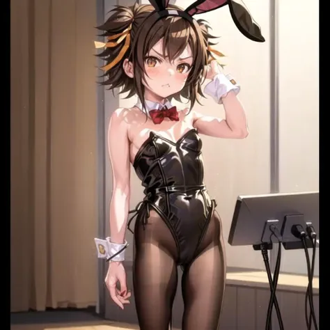 anime screencap, 1girl, animal ears, annoyed, brown eyes, brown hair, computer, fake animal ears, leotard, looking at viewer, mouse \(computer\), pantyhose, playboy bunny, screencap, short hair, solo, suzumiya haruhi, (suzumiya haruhi no yuuutsu) <lora:Fkey:0.7>