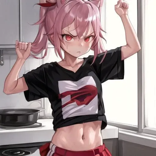 1girl, angry, pulled up t-shirt, kitchen <lora:Fkey:0.7>