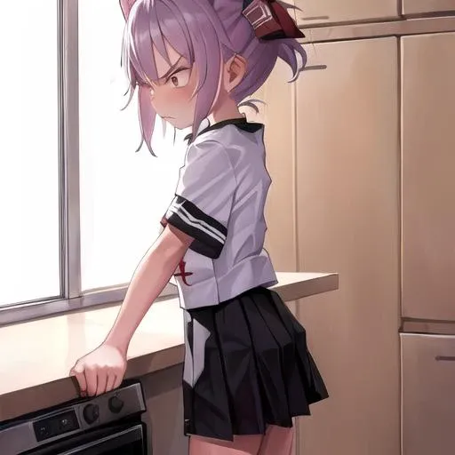 1girl, angry, pulled up t-shirt, kitchen <lora:Fkey:0.7>