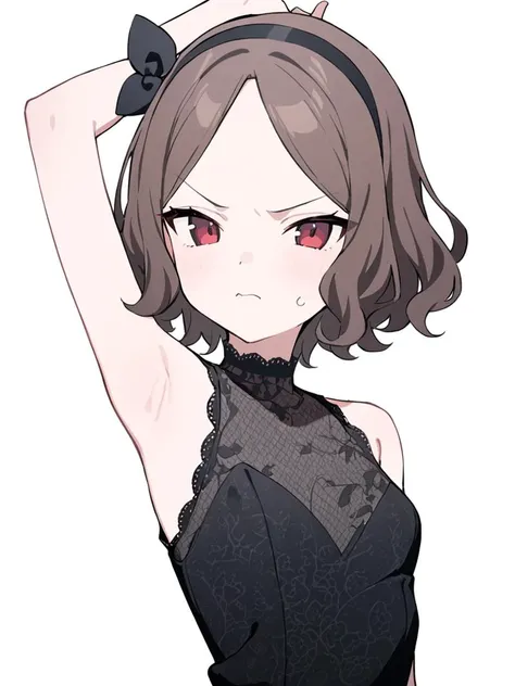 ebizuka tomo, <lora:GBC:1>, black hairband, hair bow, black lace dress, small breasts, masterpiece, newest, absurdres, 1girl, solo, looking at viewer, simple background, armpit, angry
