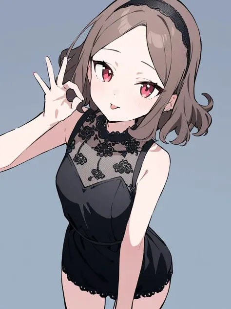 ebizuka tomo, <lora:GBC:1>, black lace dress, hairband, small breasts, masterpiece, newest, absurdres, 1girl, solo, looking at viewer, simple background, tongue, ok sign