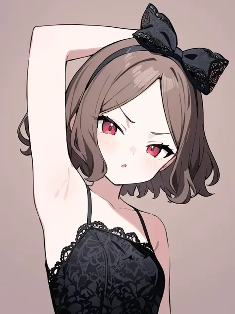 ebizuka tomo, <lora:GBC:1>, black lace dress, hairband, hair bow, small breasts, masterpiece, newest, absurdres, 1girl, solo, looking at viewer, simple background, v-shaped eyebrows, armpit