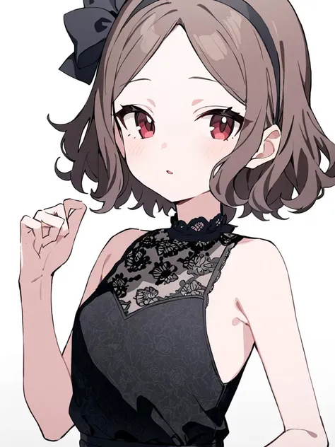 ebizuka tomo, <lora:GBC:1>, black lace dress, hairband, hair bow, small breasts, masterpiece, newest, absurdres, 1girl, solo, looking at viewer, simple background