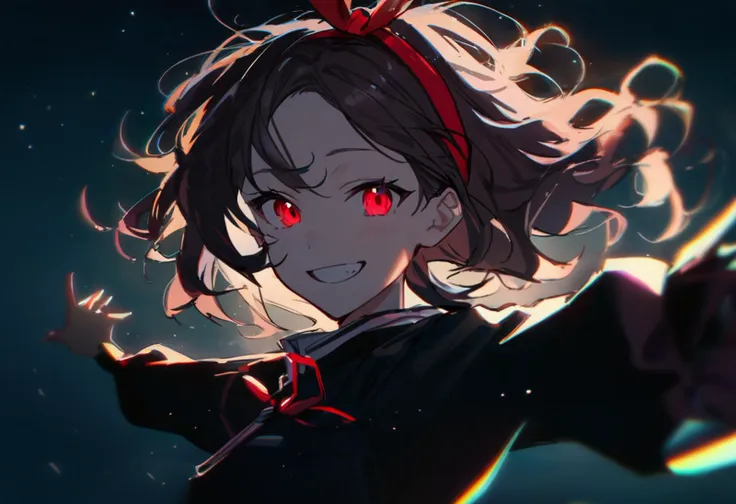 best quality,masterpiece,absurdres,high quality,very authentic,upper body,1girl,ebizuka tomo,floting hair,flying hair,red headband with a bow,unkempt,(glowing eyes:1.1),(red eyes:1.2),looking at viewer,intense,crazy smile,moody,special effects,light particles,chromatic aberration,shallow depth of field,film,filmic,casting shadow,dark,grin,dynamic pose,<lora:casting shadow style v2:0.8>,<lora:GBC:0.7>,