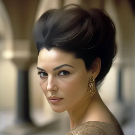 MonicaBellucci, photograph, Alhambresque Female, Queen, Looking over the shoulder, Brown hair, 1970'S Undercut hairstyle, equirectangular 360, Fine art, film grain, Sony A7, Depth of field 100mm, (art by Eugene Galien-Laloue:1.1) , <lora:MonicaBellucci,SDXL:1>