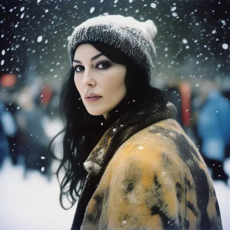 MonicaBellucci, (art by Jim Mahfood:1.1) , photograph, professional shot of a Mysterious hefty Girl, Attending festivals, Snowing, deep focus, soft light, film grain, Hasselblad, F/14, Kodak portra, sgraffito, <lora:MonicaBellucci,SDXL:1>