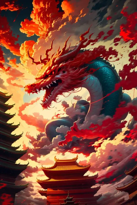 best quality,masterpiece,highres,<lora:䏿¹å·¨é¾:1>,
no humans,(long:1.2),east asian architecture,architecture,cloud,open mouth,cloudy sky,red eyes,sky,teeth,fangs,outdoors,building,scales,eastern dragon,sharp teeth,glowing,horns,flying,