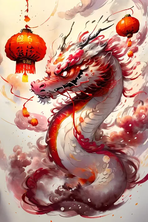 best quality,masterpiece,highres,no humans,(red:1.4) eastern dragon,<lora:long-000020:0.8>,(red theme:1.2),(slim wavy body:1.4),circling in cloud,festival,fantacy,(chinese lantern:1.2),spring,chinese new year,plum blossoms,flowering branch in mouth,<lora:zyd232_InkStyle_v1_0:0.6>,monochrome,ink sketch,white background,<lora:more_details:0.4>,