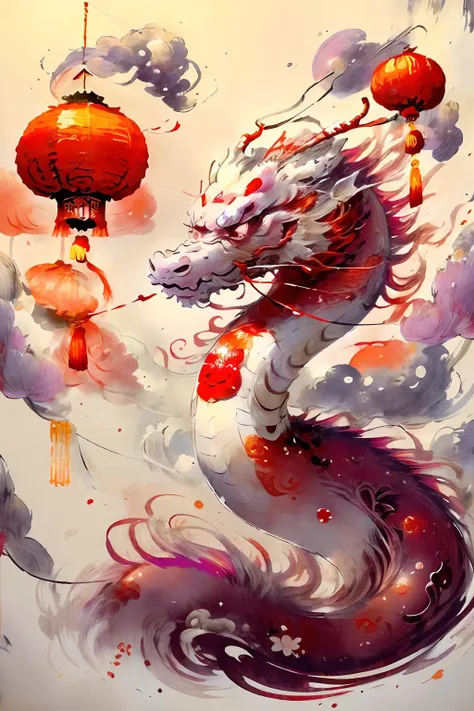 best quality,masterpiece,highres,no humans,(red:1.4) eastern dragon,<lora:long-000020:0.8>,(red theme:1.2),(slim wavy body:1.4),circling in cloud,festival,fantacy,(chinese lantern:1.2),spring,chinese new year,(plum blossoms:1.2),flowering branch in mouth,<lora:zyd232_InkStyle_v1_0:0.6>,monochrome,ink sketch,white background,<lora:more_details:0.4>,