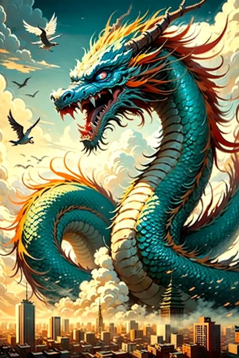 Best quality, masterpiece, ultra high res, nu no humans, (long:1.2),<lora:long-000020:0.8>, no humans, cloud, architecture, east asian architecture, Blue Eyes, horns, open mouth, sky, fangs, Blue eastern dragon, cloudy sky, teeth, flying, Wind, bird, wings, Cyberpunk Cityscape