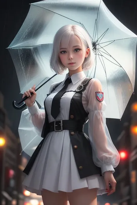 <lora:umbrellaLORA:0.4>, (masterpiece:1.2), (best_quality:1.2), (ultra_detailed:1.3), 8k, extremely_clear, realism, (ultrarealistic:1.3), Generate an image of a cute albino girl standing in a cyberpunk city at night while it rains. She is holding a transparent umbrella and wearing a white robotic outfit with some parts showing. The outfit should have lights and neons, and the girl should have a playful expression on her face