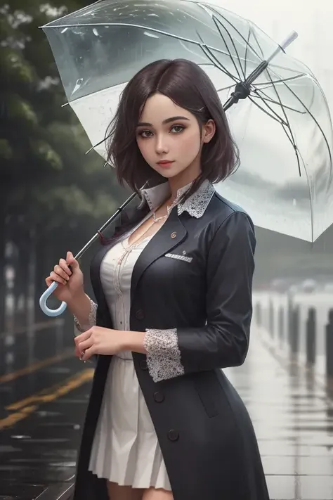 <lora:umbrellaLORA:0.3>, (masterpiece:1.2), (best_quality:1.2), (ultra_detailed:1.3), 8k, extremely_clear, realism, (ultrarealistic:1.3), A beautiful girl holding a transparent umbrella in the rain