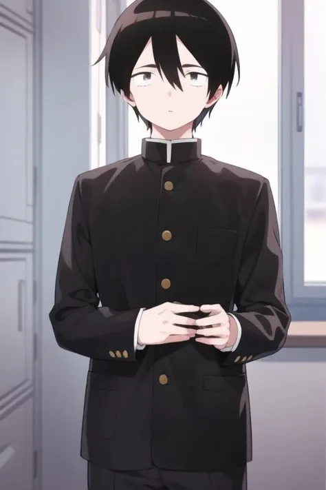 masterpiece, best quality, high quality, 1boy, solo, male focus, looking at viewer, upper body, <lora:junta_shiraishi:0.74>, junta_shiraishi, black hair, hair between eyes, sanpaku, black eyes, , school uniform