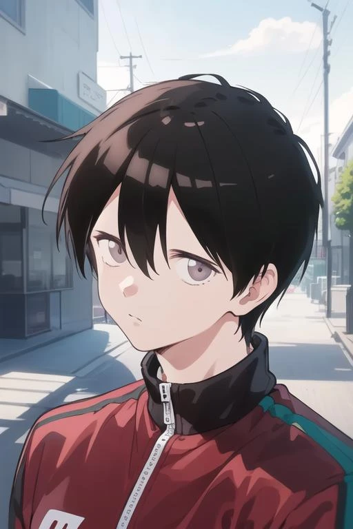 masterpiece, best quality, high quality, 1boy, solo, male focus, looking at viewer, upper body, <lora:junta_shiraishi:0.74>, junta_shiraishi, black hair, hair between eyes, sanpaku, , realistic, track suit