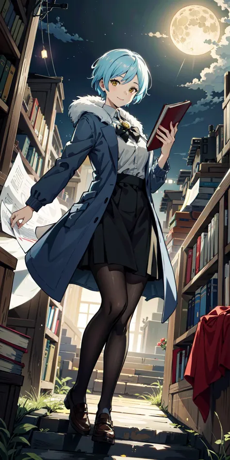(masterpiece, best quality), illustration, 8k, angela \\(project moon\\), short hair, blue coat, black skirt, black pantyhose, books, library, papers, smile, <lora:AngelaProjectMoon:1>, <lora:LibraryOfRuina:.1>